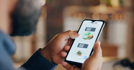 Aufkleber - Food, online and business man with phone for order, delivery and mobile app service in office. Website, menu and person on smartphone screen with option for lunch, dinner or meal on break at night