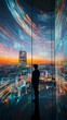 © gnoparus - Businessman Looking at City Skyline with Digital Data Visualization.