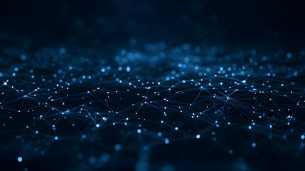 Abstract 3D Rendering of a Network with Blue Glowing Nodes and Lines on a Dark Background
