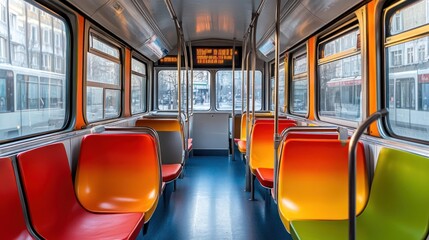 Canvas Print - Interior of a colorful public transport vehicle with empty seats and bright windows.