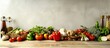 © StockKing - A cooking themed picture showing vegetables on a wooden counter set against a blank white backdrop with a front view ideal for use with text or other design elements. with copyspace image