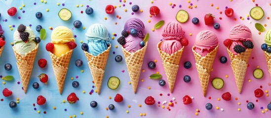 Vibrant ice cream cones in waffle cones on a colorful background with a variety of flavors and fresh berries top view with space for image. with copyspace image