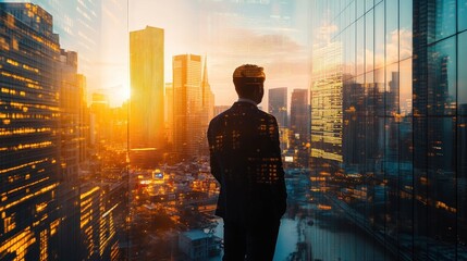 Wall Mural - A silhouette of a businessman gazing at a sunset over a city skyline.