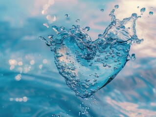 Water Heart. A heart made of water floating in blue water.