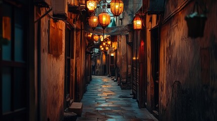 Sticker - A serene alleyway illuminated by lanterns, evoking a tranquil evening atmosphere.