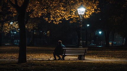 Wall Mural - A solitary figure sits on a bench under a lamp in a quiet, autumn park at night.