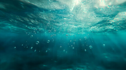 Underwater View of Bubbles Rising Through the Ocean Water with Sunlight Streaming Through