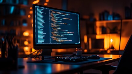 A quiet office with a glowing computer screen displaying code, shadows from the desk and chair softly fill the darkened room,