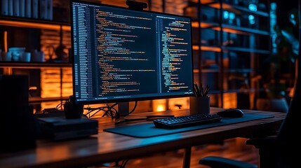 A solitary desk at night, illuminated by a glowing screen filled with code, shadows from the desk and chair softly cast across the floor, reflections of light on nearby objects,