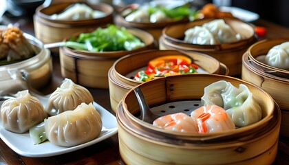 Wall Mural - Elegant table setting showcasing an assortment of steamed dumplings in bamboo steamers, filled with flavorful pork, shrimp, and fresh vegetables