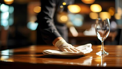 Waiter polishing a wooden dining table in a restaurant, meal setting with a soft-focused background