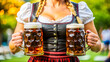 © Natalia - Young woman in traditional Bavarian clothes holding mugs with beer at Oktoberfest