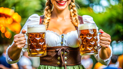 Woman in traditional Bavarian clothes with two mugs of beer.