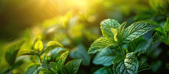 Wall Mural - Close up of vibrant fresh mint in colorful backlight with ample copy space image