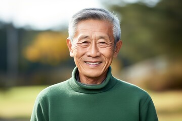 Wall Mural - Portrait of a tender asian man in his 80s wearing a cozy sweater in soft green background