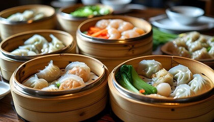 Wall Mural - Elegant table setting showcasing an assortment of steamed dumplings in bamboo steamers, filled with flavorful pork, shrimp, and fresh vegetables