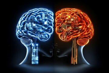 Two abstract brain models with blue and orange neural circuitry symbolizing the duality of human cognition and artificial intelligence through contrasting neural systems