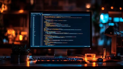 Office after hours, a glowing computer screen displaying code in progress, the rest of the room in shadows,