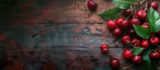 Fresh ripe cherries with leaves on a textured wooden background ideal for vegan and healthy eating creating a copy space image for text