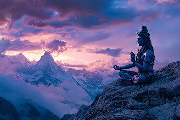 Wall Mural - A statue of a man meditating on a mountain. The sky is cloudy and the sun is setting