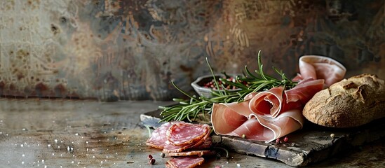 Sticker - Mouthwatering prosciutto rosemary and bread displayed on a rustic backdrop embodying Mediterranean culinary tradition Copy space image available