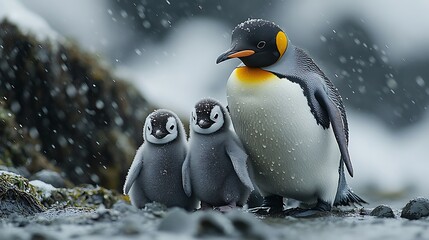 Wall Mural - A King penguin stands protectively over two chicks in a snowy environment.