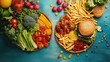 © NATTAWUT - A dynamic illustration of a healthy vegetarian plate with fresh vegetables and a side of fruit, contrasted with a plate of burgers and fries