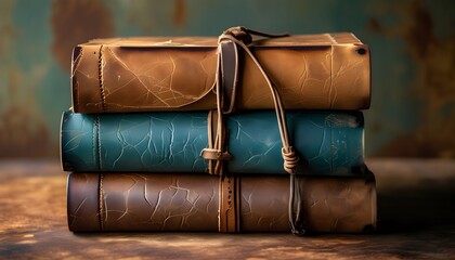 Wall Mural - Colorful leather-bound journals stacked against a rustic backdrop, showcasing a blend of textures and styles