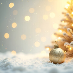 Wall Mural - christmas bokeh background with copy space on the left side. snow, white christmas tree and a golden