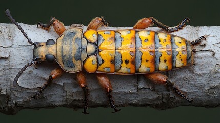 Wall Mural - A colorful beetle with black legs and yellow, orange, and grey markings, perched on a twig.