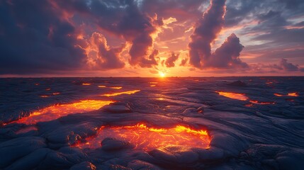 Wall Mural - A fiery sunset over a landscape of hardened lava, with pools of molten lava glowing in the distance.