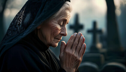 Close-up and portrait of an elderly widow woman in mourning praying with her hands clasped in a cemetery, dressed in a black dress and with her head covered with a black veil. Generative Ai.