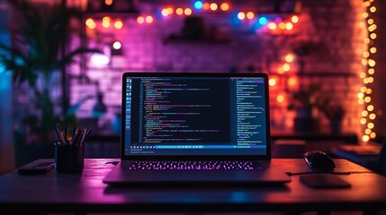 Computer monitor showing programming code on desk in cozy room