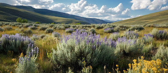 Wall Mural - In nature there are sagebrush plants with herbal flowers and natural beauty against a scenic backdrop perfect for a copy space image