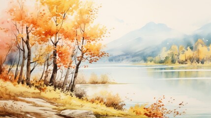 Wall Mural - park landscape in autumn by lake watercolor illustration