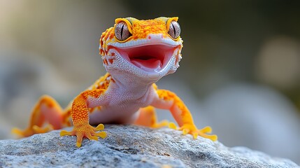 A bright orange and yellow gecko with large eyes sits on a rock, mouth open in a happy expression.