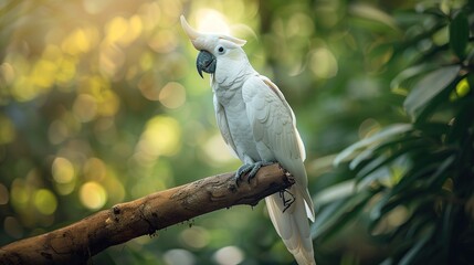 Wall Mural - White cockatoo parrot with crest perched on a palm tree in a tropical forest