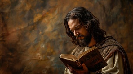 Jesus Christ holding a Bible, reading from the scriptures with deep concentration