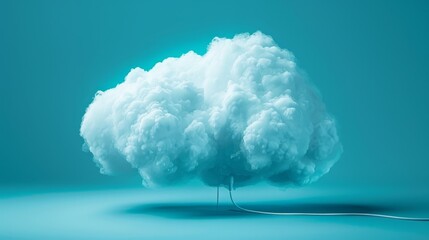 Image: white cloud object with cable, blue background. Cable connected to right side. Evokes peace and calm.