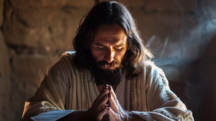 Jesus with his hands on a Bible, eyes closed, in a moment of silent prayer