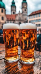 Two glasses of beer with Munich in the background. Selective focus