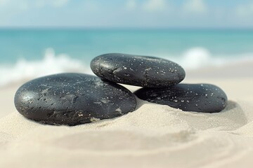 Black stones pile in the sand. Zen japanese garden background scene. Horizontal banner