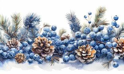 A winter wonderland adorns the table with frosty blue berries, pine cones, and evergreens, creating a serene holiday atmosphere perfect for festive gatherings