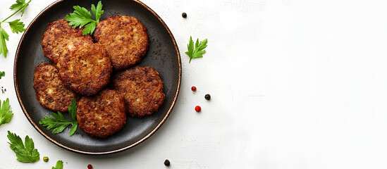 A rustic plate with fried pork and beef meat cutlets or patties on a white background viewed from the top with copy space image