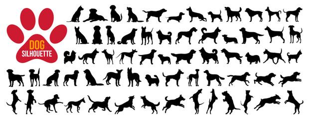 American dog breed, puppy or black pet animal silhouette collection isolated on white background. Standing, running and hunting dog icon or symbol. Happy playful wild dog silhouette art with paw sign.