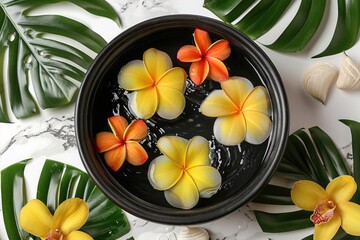 Top view of spa pedicure with lime and flowers.