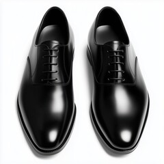 A pair of classic black leather lace-up dress shoes.