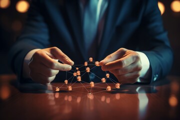 Canvas Print - A businessman holds in his hands a virtual global structure of networking and data exchange, customer communication, customer relationship management, customer service, digital marketing and social me