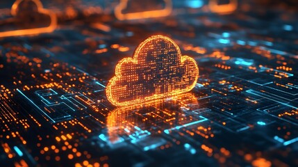 A minimalist design of a glowing digital cloud with vibrant orange and blue particles connected over a futuristic network grid.