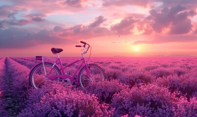 A serene sunset over a vibrant lavender field with a pink bicycle resting amidst the aromatic flowers, capturing a moment of tranquility in nature’s embrace